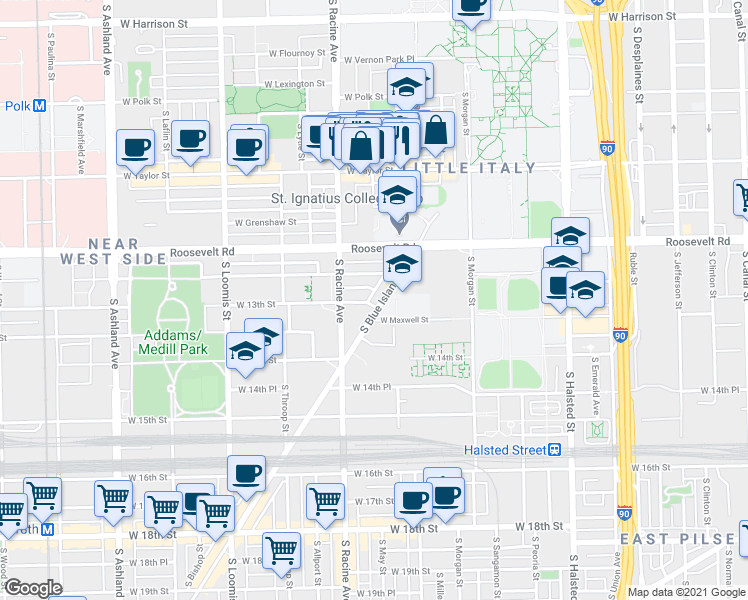 map of restaurants, bars, coffee shops, grocery stores, and more near 1300 South Blue Island Avenue in Chicago