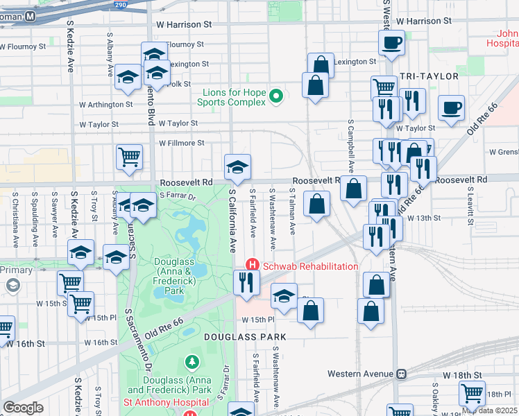 map of restaurants, bars, coffee shops, grocery stores, and more near 1253 South Fairfield Avenue in Chicago