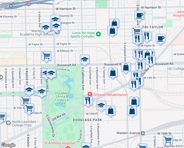 map of restaurants, bars, coffee shops, grocery stores, and more near 1253 South Fairfield Avenue in Chicago