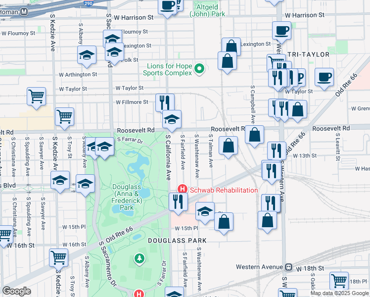 map of restaurants, bars, coffee shops, grocery stores, and more near 1253 South Fairfield Avenue in Chicago