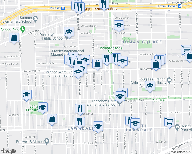 map of restaurants, bars, coffee shops, grocery stores, and more near 1240 South Springfield Avenue in Chicago