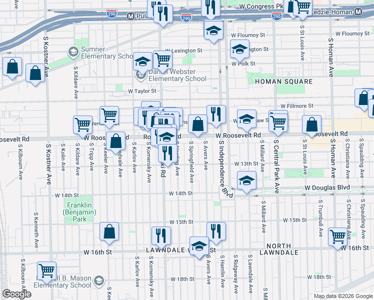 map of restaurants, bars, coffee shops, grocery stores, and more near 1240 South Springfield Avenue in Chicago