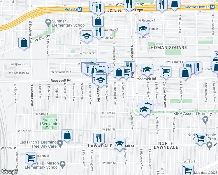 map of restaurants, bars, coffee shops, grocery stores, and more near 1240 South Springfield Avenue in Chicago