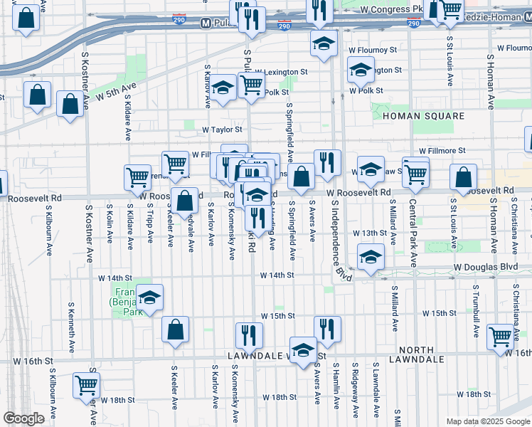 map of restaurants, bars, coffee shops, grocery stores, and more near 1241 South Pulaski Road in Chicago