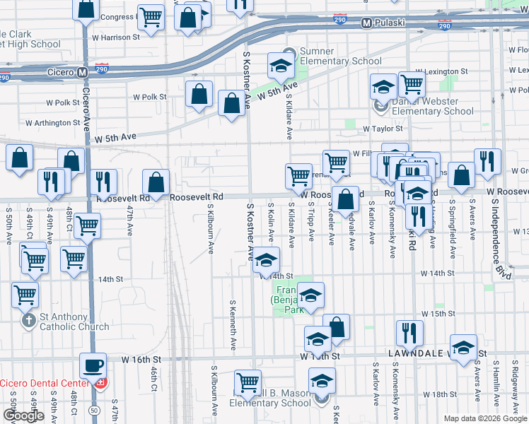 map of restaurants, bars, coffee shops, grocery stores, and more near 1235 South Kolin Avenue in Chicago