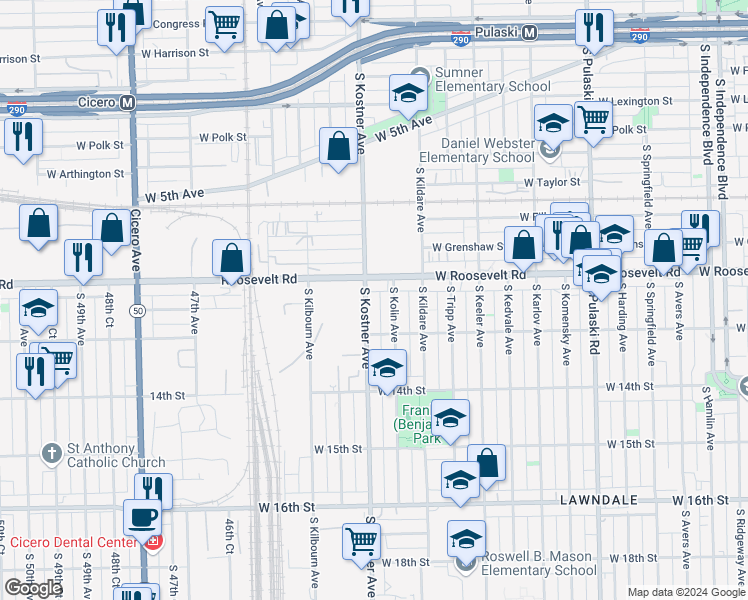 map of restaurants, bars, coffee shops, grocery stores, and more near 1231 South Kostner Avenue in Chicago