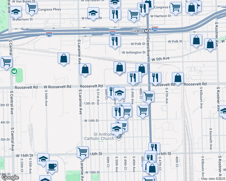 map of restaurants, bars, coffee shops, grocery stores, and more near 1220 South 50th Avenue in Cicero