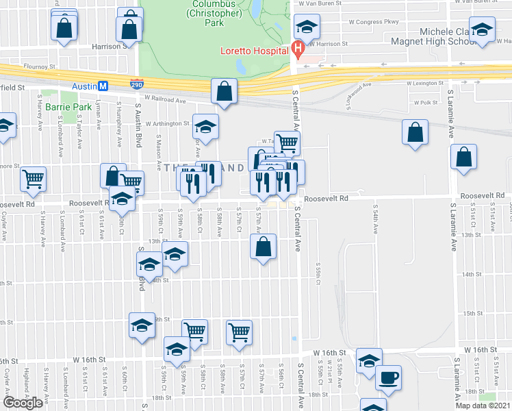 map of restaurants, bars, coffee shops, grocery stores, and more near 1213 South 57th Avenue in Cicero