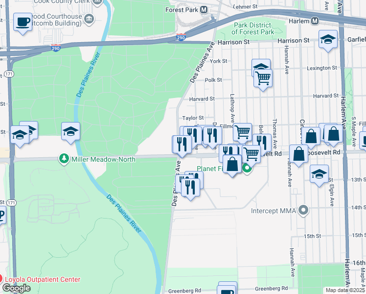 map of restaurants, bars, coffee shops, grocery stores, and more near in Forest Park