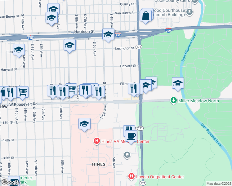 map of restaurants, bars, coffee shops, grocery stores, and more near 2129 South 4th Avenue in Maywood