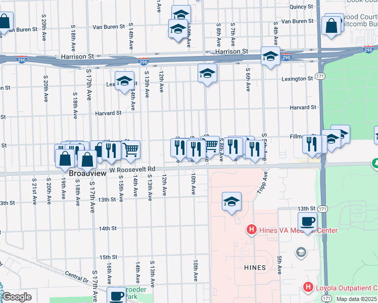 map of restaurants, bars, coffee shops, grocery stores, and more near 2124 South 10th Avenue in Maywood
