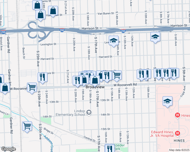 map of restaurants, bars, coffee shops, grocery stores, and more near 2120 South 17th Avenue in Broadview