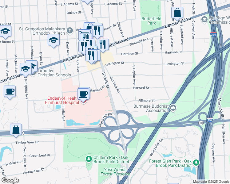 map of restaurants, bars, coffee shops, grocery stores, and more near 620 Old York Road in Elmhurst