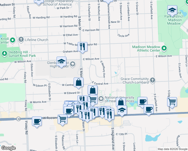 map of restaurants, bars, coffee shops, grocery stores, and more near 1048 Charing Cross Road in Lombard