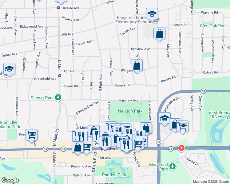 map of restaurants, bars, coffee shops, grocery stores, and more near 152 North Milton Avenue in Glen Ellyn