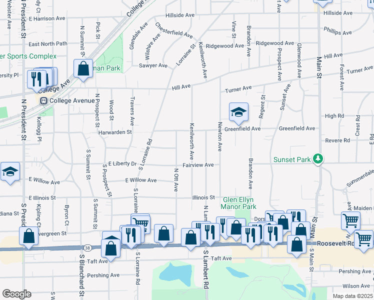 map of restaurants, bars, coffee shops, grocery stores, and more near 157 North Ott Avenue in Glen Ellyn