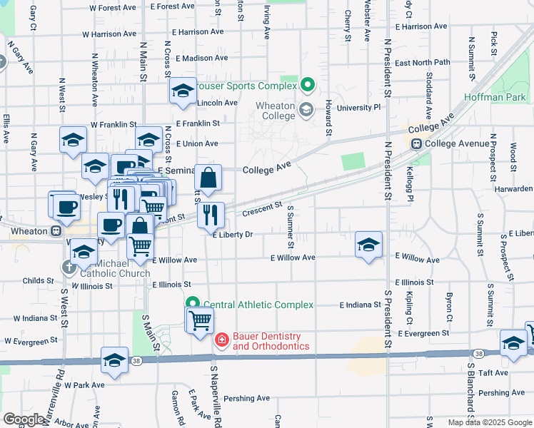 map of restaurants, bars, coffee shops, grocery stores, and more near 412 Crescent Street in Wheaton