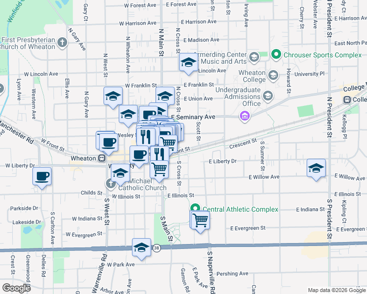 map of restaurants, bars, coffee shops, grocery stores, and more near 121 East Front Street in Wheaton