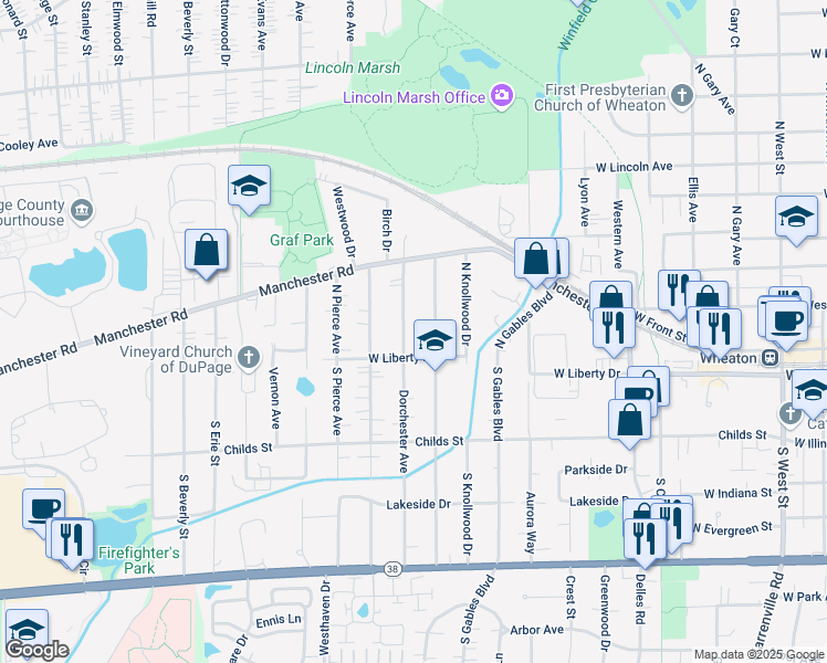 map of restaurants, bars, coffee shops, grocery stores, and more near 110 North Dorchester Avenue in Wheaton