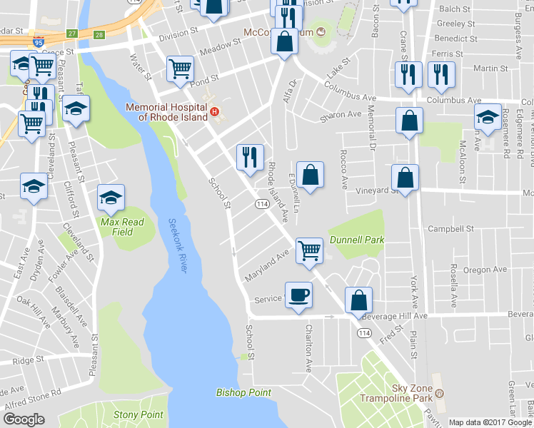 map of restaurants, bars, coffee shops, grocery stores, and more near 387 Prospect Street in Pawtucket