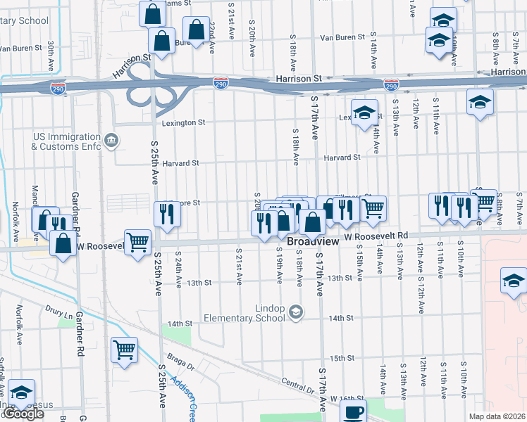map of restaurants, bars, coffee shops, grocery stores, and more near 2115 South 20th Avenue in Broadview