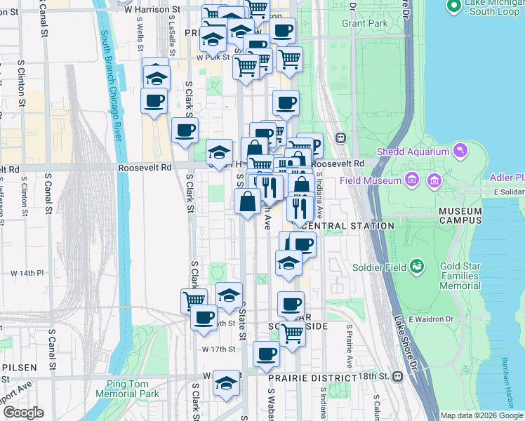 map of restaurants, bars, coffee shops, grocery stores, and more near 1312 South Wabash Avenue in Chicago