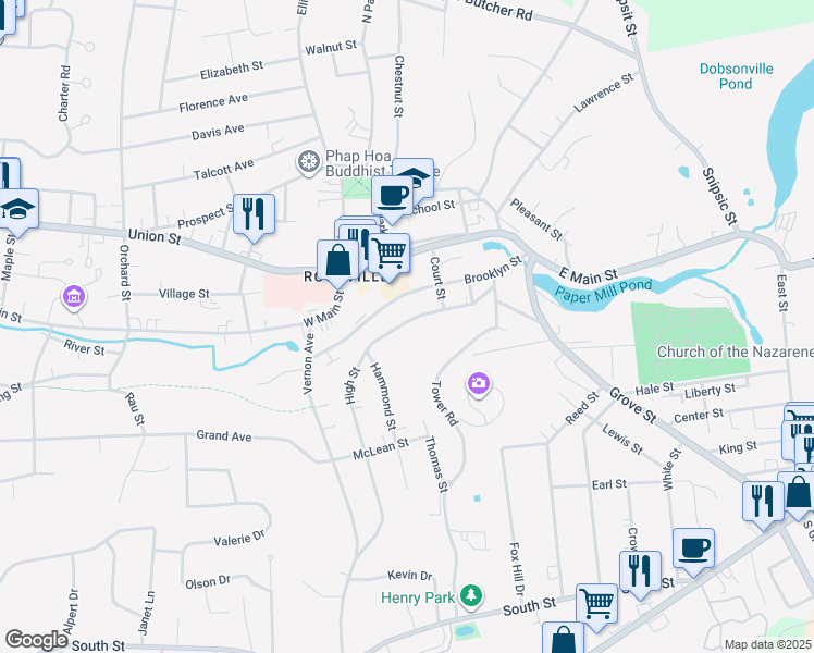 map of restaurants, bars, coffee shops, grocery stores, and more near 63 High Street in Vernon
