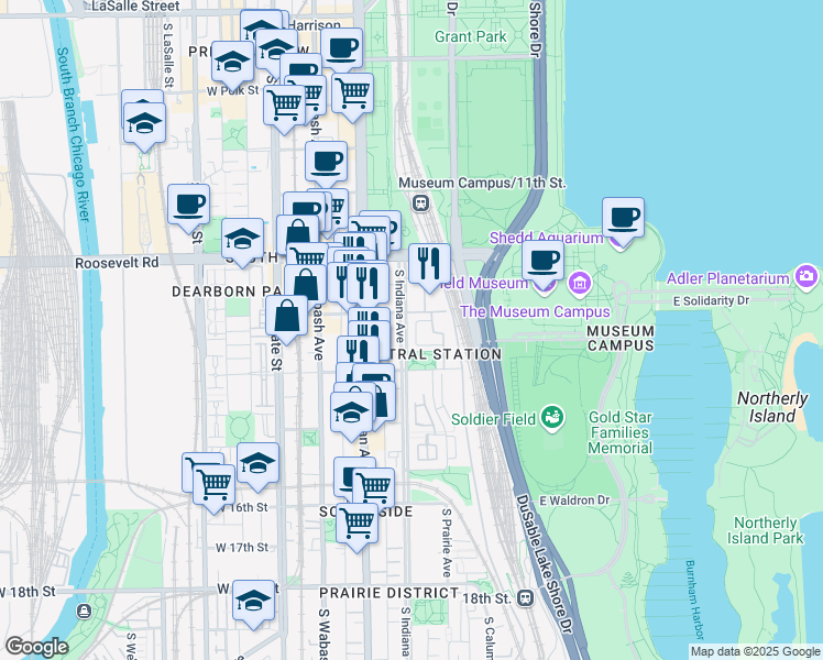 map of restaurants, bars, coffee shops, grocery stores, and more near 1319 South Indiana Avenue in Chicago
