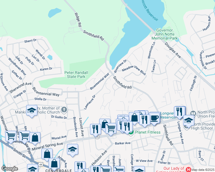 map of restaurants, bars, coffee shops, grocery stores, and more near 630 Smithfield Road in North Providence
