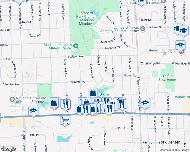 map of restaurants, bars, coffee shops, grocery stores, and more near 1075 South Lewis Avenue in Lombard