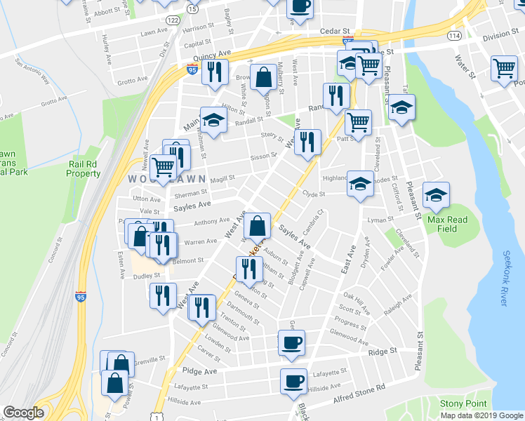 map of restaurants, bars, coffee shops, grocery stores, and more near 183 Sayles Avenue in Pawtucket
