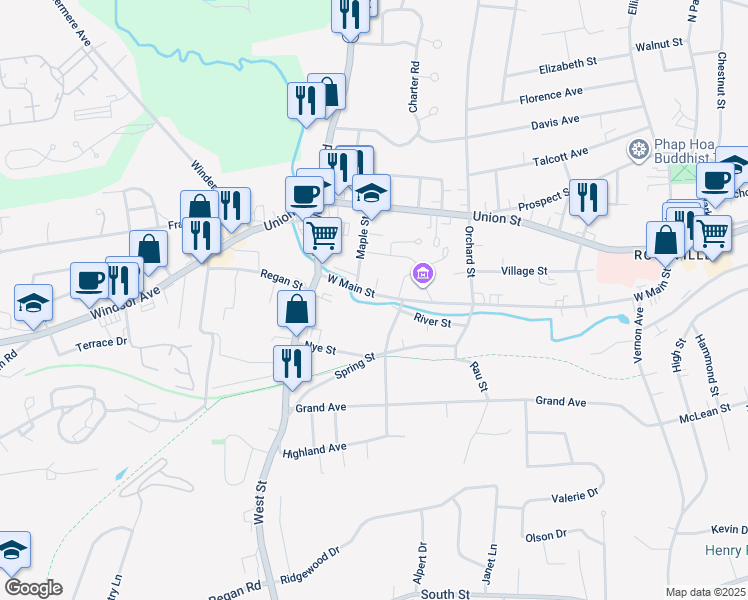 map of restaurants, bars, coffee shops, grocery stores, and more near 221 West Main Street in Vernon