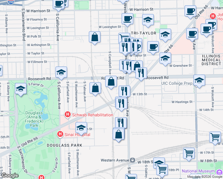 map of restaurants, bars, coffee shops, grocery stores, and more near 1275 South Campbell Avenue in Chicago