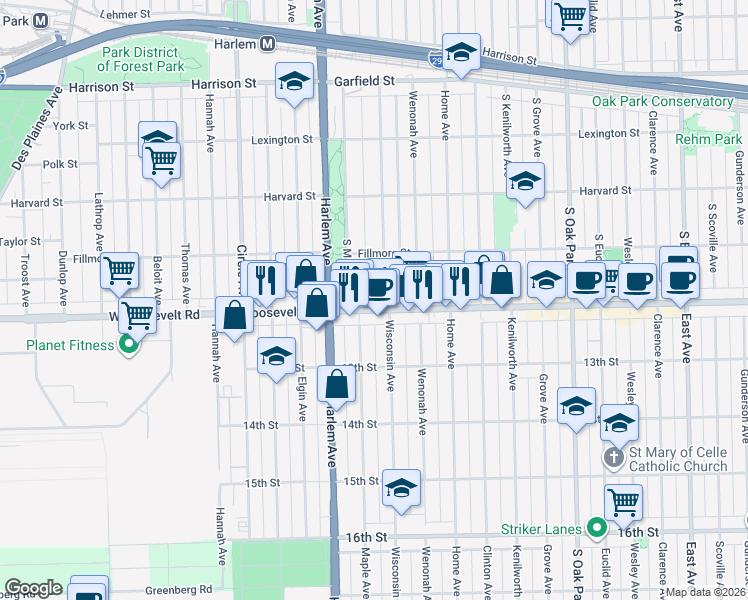 map of restaurants, bars, coffee shops, grocery stores, and more near 7115 12th Street in Oak Park