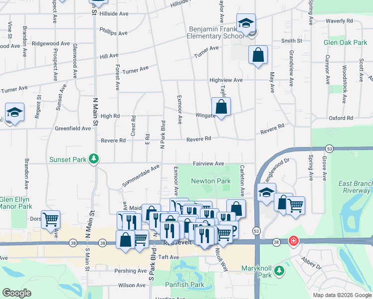 map of restaurants, bars, coffee shops, grocery stores, and more near 152 North Milton Avenue in Glen Ellyn