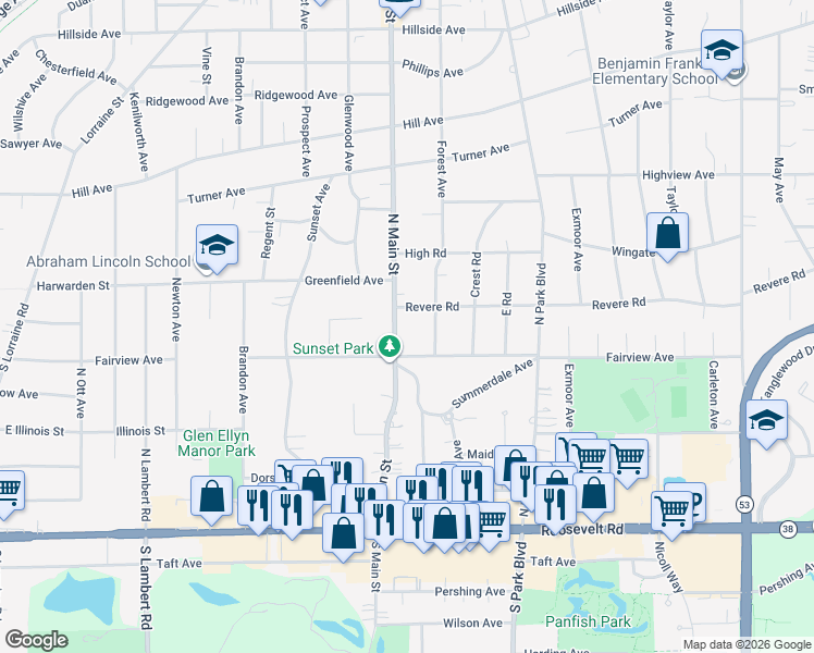 map of restaurants, bars, coffee shops, grocery stores, and more near 151 North Main Street in Glen Ellyn
