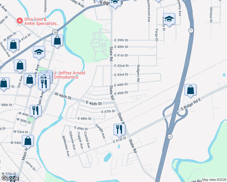 map of restaurants, bars, coffee shops, grocery stores, and more near 1922 East 45th Street in Ashtabula