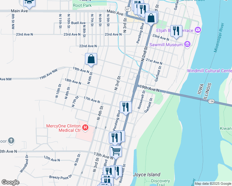 map of restaurants, bars, coffee shops, grocery stores, and more near 1801 North 3rd Street in Clinton