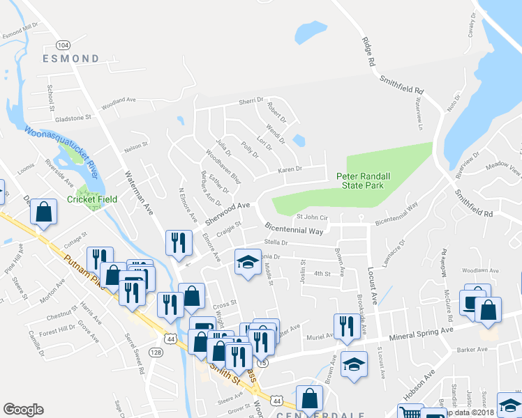 map of restaurants, bars, coffee shops, grocery stores, and more near 1 Bicentennial Way in North Providence