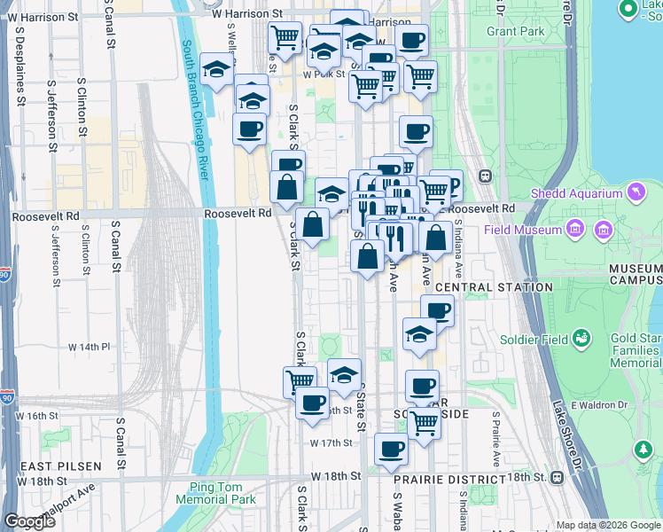 map of restaurants, bars, coffee shops, grocery stores, and more near 1322 South Plymouth Court in Chicago