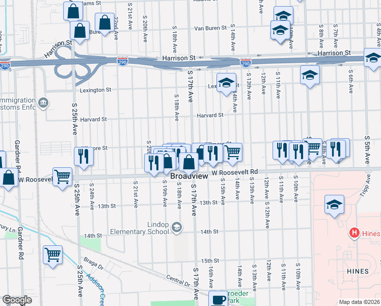 map of restaurants, bars, coffee shops, grocery stores, and more near 2120 South 17th Avenue in Broadview
