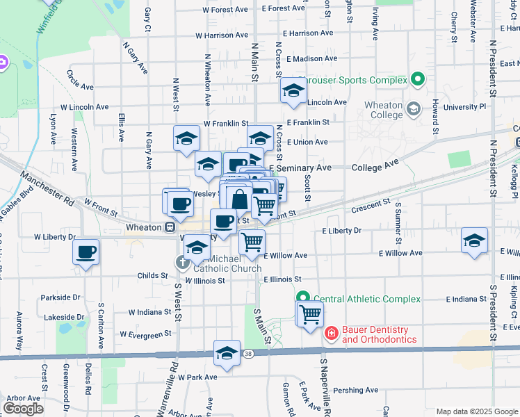 map of restaurants, bars, coffee shops, grocery stores, and more near 113 North Main Street in Wheaton