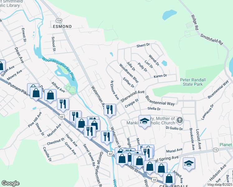 map of restaurants, bars, coffee shops, grocery stores, and more near 20 North Elmore Avenue in North Providence