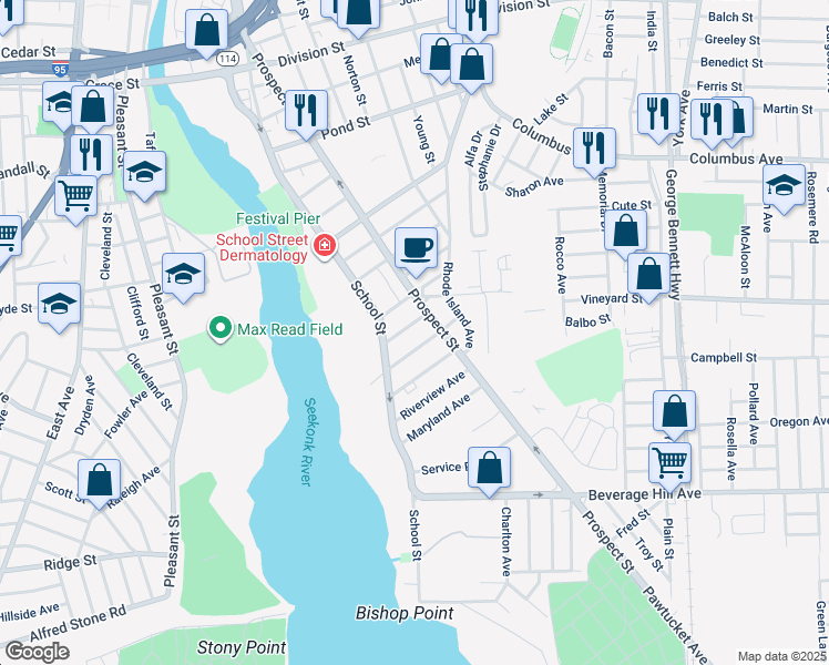 map of restaurants, bars, coffee shops, grocery stores, and more near 54 Talcott Avenue in Pawtucket