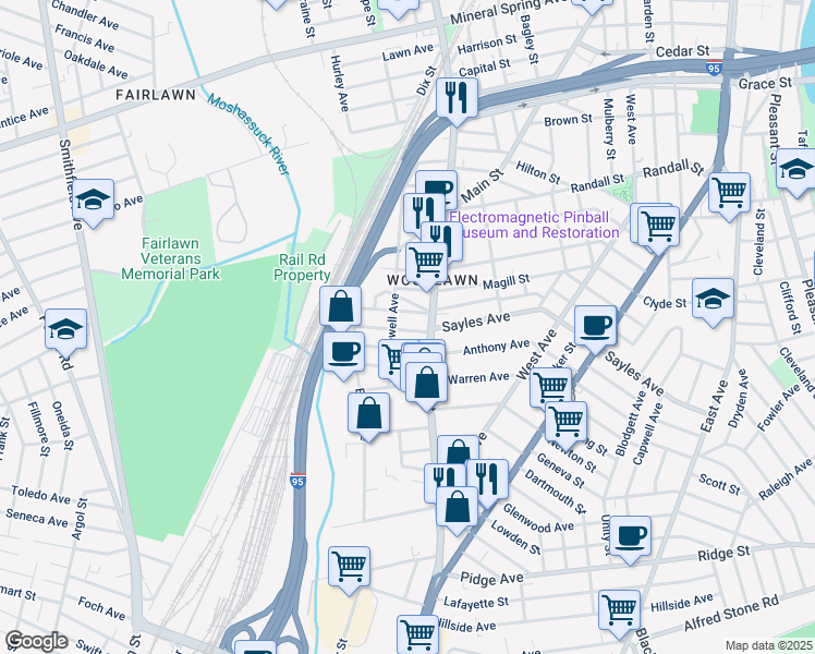 map of restaurants, bars, coffee shops, grocery stores, and more near 18 Vale Street in Pawtucket