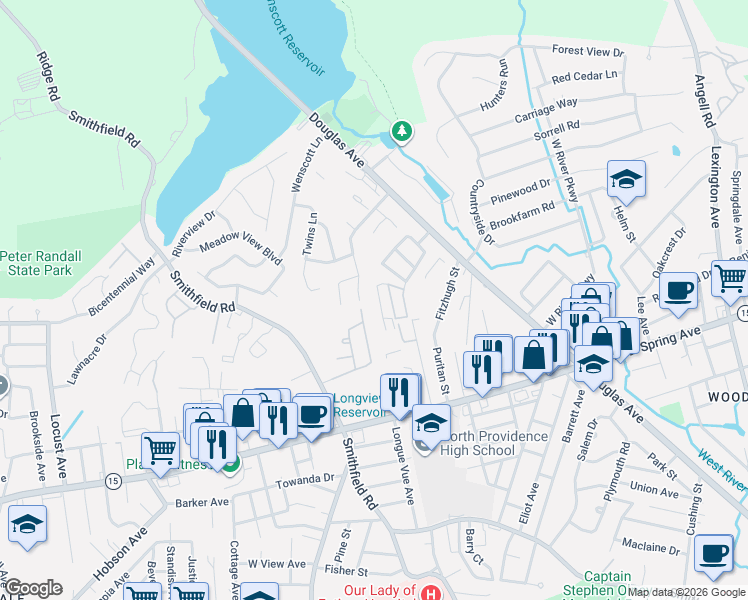 map of restaurants, bars, coffee shops, grocery stores, and more near 22 Primrose Lane in North Providence