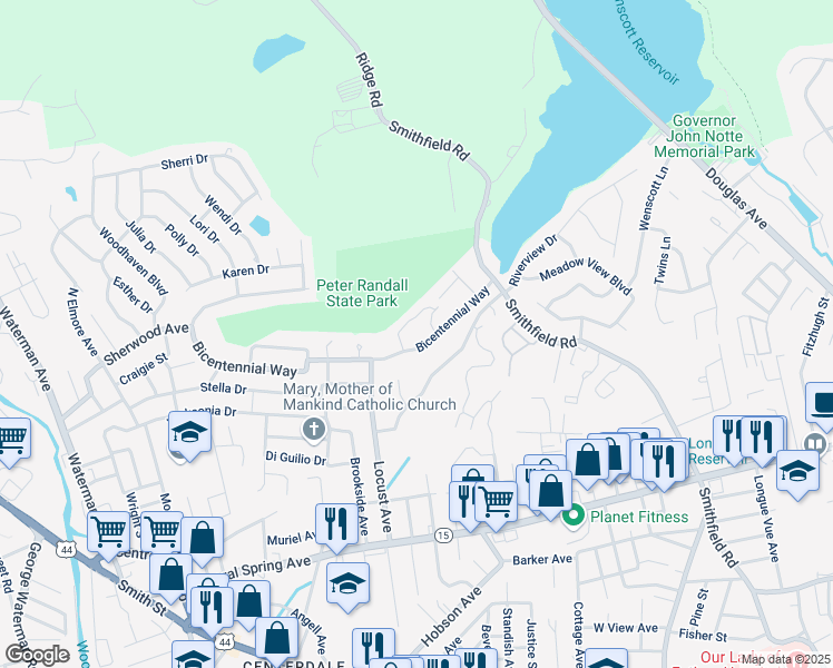 map of restaurants, bars, coffee shops, grocery stores, and more near 1776 Bicentennial Way in North Providence