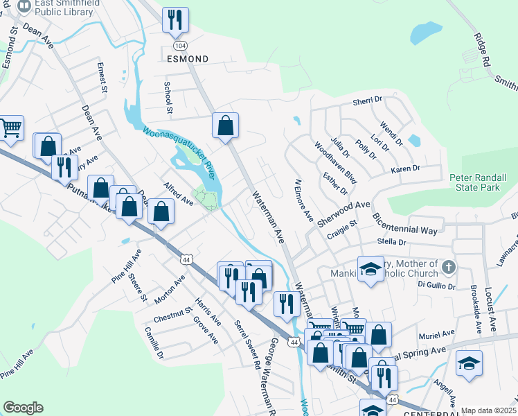 map of restaurants, bars, coffee shops, grocery stores, and more near 1 Greystone Avenue in North Providence