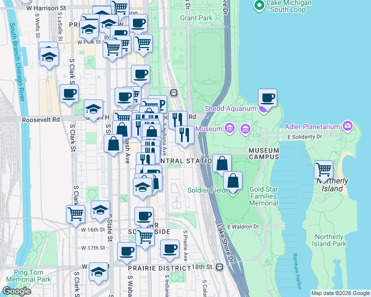 map of restaurants, bars, coffee shops, grocery stores, and more near 1334 South Prairie Avenue in Chicago