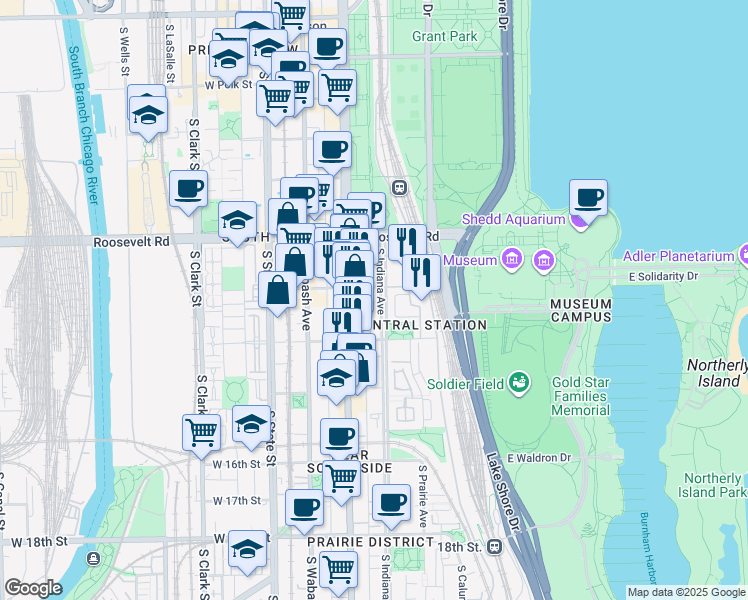 map of restaurants, bars, coffee shops, grocery stores, and more near 1344 South Indiana Parkway in Chicago